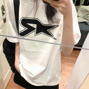 Y2K Street Star Print Oversized Tee - Trendy Grunge Aesthetic Short Sleeve Top