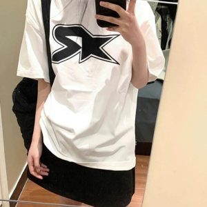 Y2K Street Star Print Oversized Tee - Trendy Grunge Aesthetic Short Sleeve Top