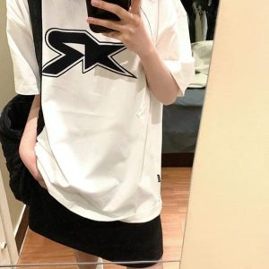 Y2K Street Star Print Oversized Tee - Trendy Grunge Aesthetic Short Sleeve Top