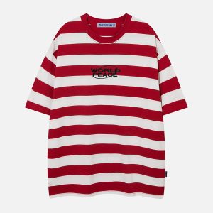 Y2K Stripe Letter Tee: Trendy Coquette Aesthetic Top for Cute Outfits and Grunge Style