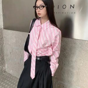 Y2K Striped Button-Up Shirt with Matching Striped Tie for Trendy Aesthetic Outfits