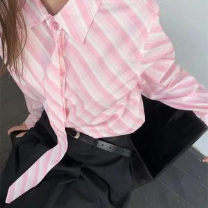 Y2K Striped Button-Up Shirt with Matching Striped Tie for Trendy Aesthetic Outfits