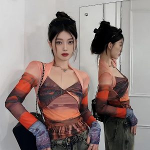 Y2K Sunset Mesh Top - Trendy Y2K Aesthetic Crop Top for Stylish Outfits