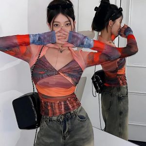 Y2K Sunset Mesh Top - Trendy Y2K Aesthetic Crop Top for Stylish Outfits