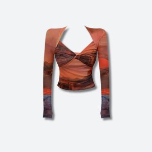 Y2K Sunset Mesh Top - Trendy Y2K Aesthetic Crop Top for Stylish Outfits