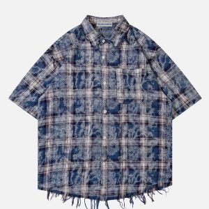 Y2K Tie Dye Plaid Short Sleeve Shirt - Trendy Aesthetic Top for Grunge and Coquette Styles