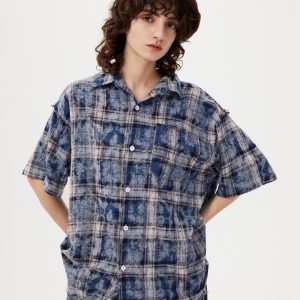 Y2K Tie Dye Plaid Short Sleeve Shirt - Trendy Aesthetic Top for Grunge and Coquette Styles