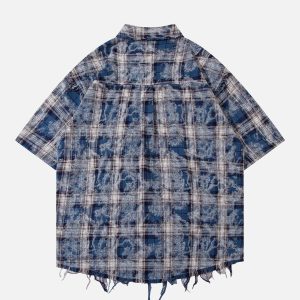 Y2K Tie Dye Plaid Short Sleeve Shirt - Trendy Aesthetic Top for Grunge and Coquette Styles