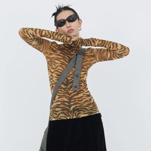 Y2K Tiger Mesh Top - Trendy Grunge Aesthetic Tee for Stylish Y2K Outfits