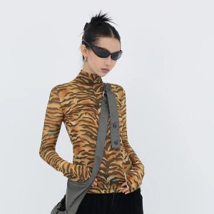 Y2K Tiger Mesh Top - Trendy Grunge Aesthetic Tee for Stylish Y2K Outfits