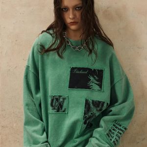 Y2K Urban Patchwork Sweatshirt - Trendy Grunge Aesthetic Top for Stylish Outfits