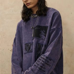 Y2K Urban Patchwork Sweatshirt - Trendy Grunge Aesthetic Top for Stylish Outfits