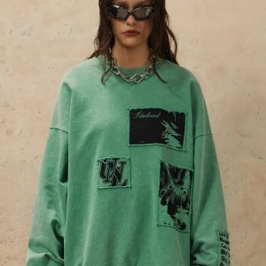 Y2K Urban Patchwork Sweatshirt - Trendy Grunge Aesthetic Top for Stylish Outfits