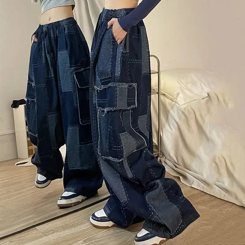 Y2K Vintage Patchwork Baggy Jeans for a Trendy Grunge Aesthetic Look