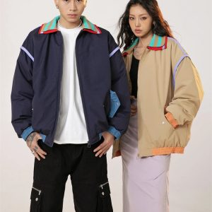 Y2K Vintage Striped Windbreaker Jacket for Retro Aesthetic Outfits and Street Style