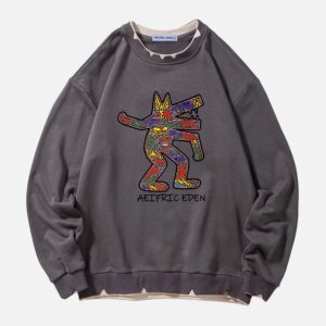 Y2K Werewolf Comic Print Sweatshirt - Cute Grunge Aesthetic Top for Cozy Outfits