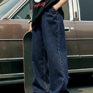 Y2K Wide Leg Denim Jeans for a Grunge Aesthetic Look - Comfy and Stylish Skater Vibes