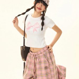 Y2K Women's Bow Print Crop Top - Cute Aesthetic Top for Coquette and Grunge Styles