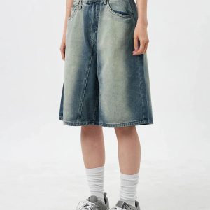 Y2K Women's Distressed Washed Denim Jorts for Trendy Grunge and Coquette Aesthetic Outfits