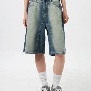 Y2K Women's Distressed Washed Denim Jorts for Trendy Grunge and Coquette Aesthetic Outfits