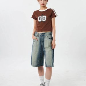 Y2K Women's Distressed Washed Denim Jorts for Trendy Grunge and Coquette Aesthetic Outfits