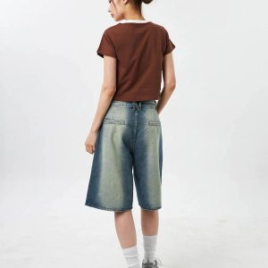 Y2K Women's Distressed Washed Denim Jorts for Trendy Grunge and Coquette Aesthetic Outfits