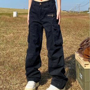 Y2K Women's Solid Color Cargo Pants for Trendy Coquette and Grunge Aesthetic Outfits