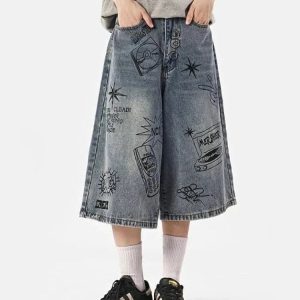 Y2K Women's Vintage Washed Jorts for Trendy Coquette and Grunge Aesthetic Outfits