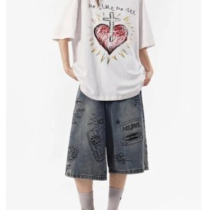 Y2K Women's Vintage Washed Jorts for Trendy Coquette and Grunge Aesthetic Outfits