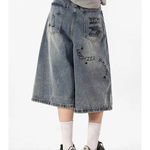 Y2K Women's Vintage Washed Jorts for Trendy Coquette and Grunge Aesthetic Outfits